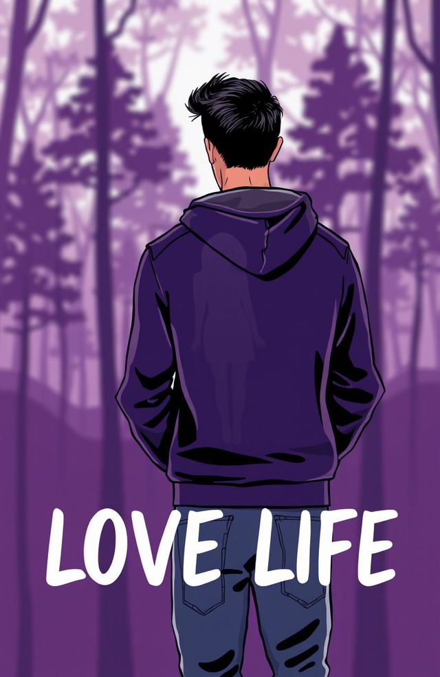 A modern illustration for a book cover depicting a man facing backwards, looking confused about his love life