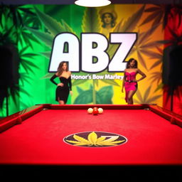A billiard table prominently displaying the ABZ logo, set against a dynamic and colorful marijuana-themed backdrop that honors Bob Marley