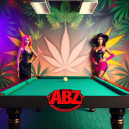 A billiard table prominently displaying the ABZ logo, set against a dynamic and colorful marijuana-themed backdrop that honors Bob Marley