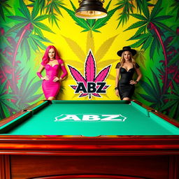A billiard table prominently displaying the ABZ logo, set against a dynamic and colorful marijuana-themed backdrop that honors Bob Marley