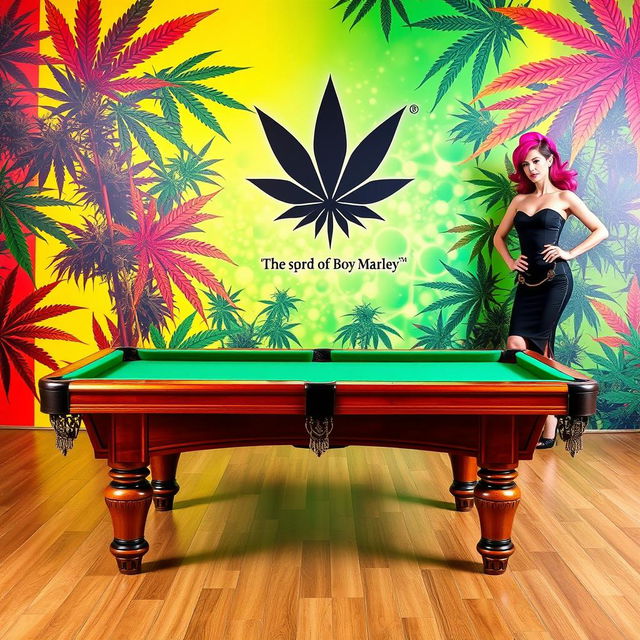 A billiard table prominently displaying the ABZ logo, set against a dynamic and colorful marijuana-themed backdrop that honors Bob Marley