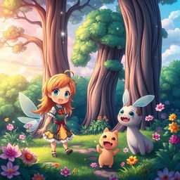 A vibrant and colorful cartoon anime scene depicting a magical forest filled with fantastical creatures and lush greenery