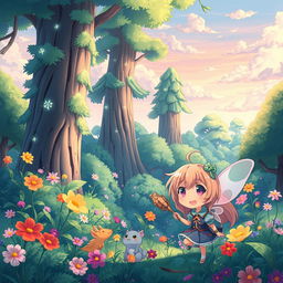 A vibrant and colorful cartoon anime scene depicting a magical forest filled with fantastical creatures and lush greenery