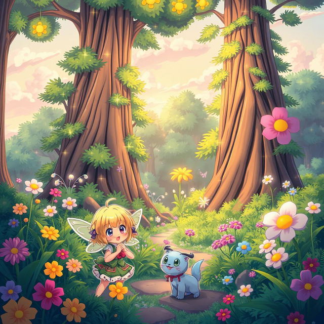 A vibrant and colorful cartoon anime scene depicting a magical forest filled with fantastical creatures and lush greenery