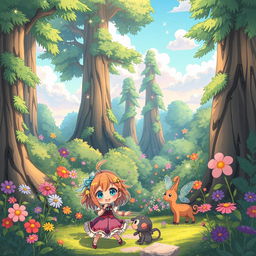 A vibrant and colorful cartoon anime scene depicting a magical forest filled with fantastical creatures and lush greenery