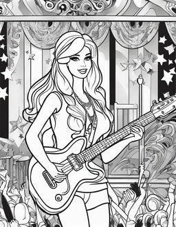 Black and white colouring book page featuring Barbie as a rock star on a stage.