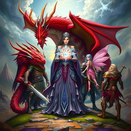 A stunning fantasy scene depicting a powerful sorceress with a magical crystal flower, surrounded by seven loyal companions