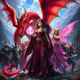 A stunning fantasy scene depicting a powerful sorceress with a magical crystal flower, surrounded by seven loyal companions