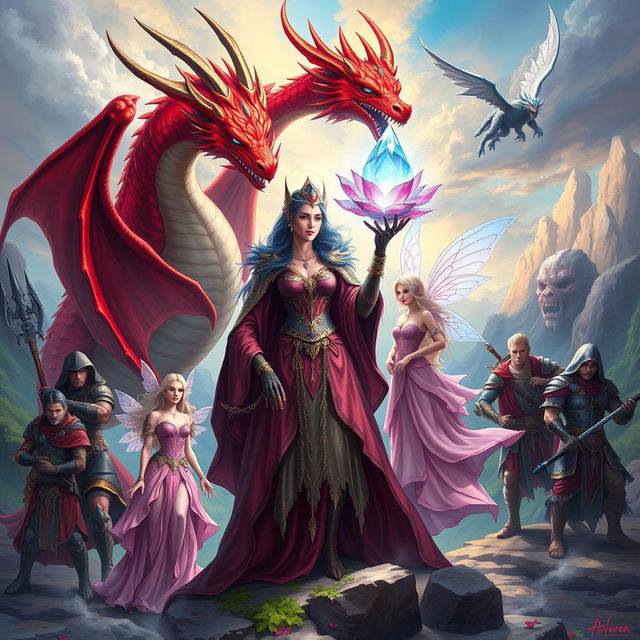 A stunning fantasy scene depicting a powerful sorceress with a magical crystal flower, surrounded by seven loyal companions