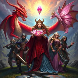 A stunning fantasy scene depicting a powerful sorceress with a magical crystal flower, surrounded by seven loyal companions