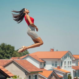 A captivating side view of an Indian aunty levitating effortlessly above a picturesque set of houses