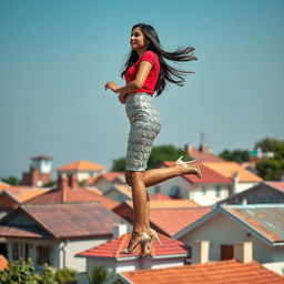 A captivating side view of an Indian aunty levitating effortlessly above a picturesque set of houses