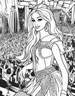 Black and white colouring book page featuring Barbie as a rock star on a stage.