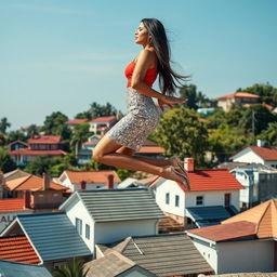 A captivating side view of an Indian aunty levitating effortlessly above a picturesque set of houses