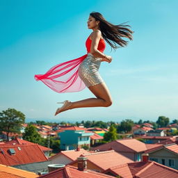 A captivating side view of an Indian aunty levitating effortlessly above a picturesque set of houses