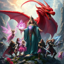An enchanting fantasy scene showcasing a powerful sorceress wielding a magnificent crystal flower, surrounded by seven loyal companions