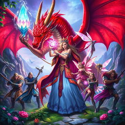 An enchanting fantasy scene showcasing a powerful sorceress wielding a magnificent crystal flower, surrounded by seven loyal companions