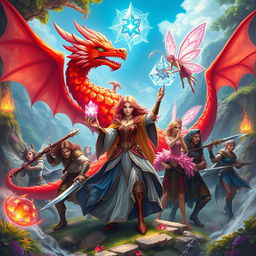 An enchanting fantasy scene showcasing a powerful sorceress wielding a magnificent crystal flower, surrounded by seven loyal companions