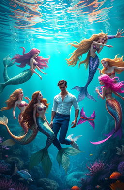 A stunning underwater scene showcasing 7 enchanting mermaids swimming gracefully around a handsome prince