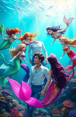 A stunning underwater scene showcasing 7 enchanting mermaids swimming gracefully around a handsome prince