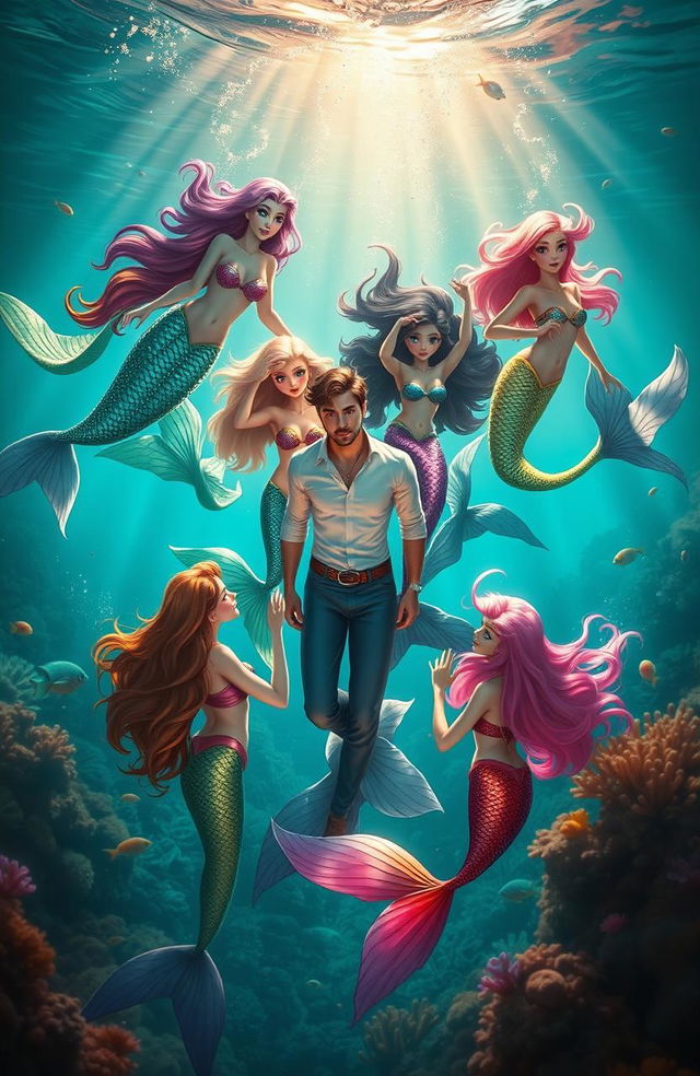 A stunning underwater scene showcasing 7 enchanting mermaids swimming gracefully around a handsome prince