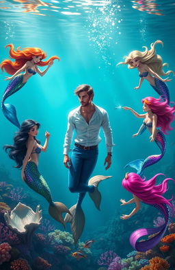 A stunning underwater scene showcasing 7 enchanting mermaids swimming gracefully around a handsome prince