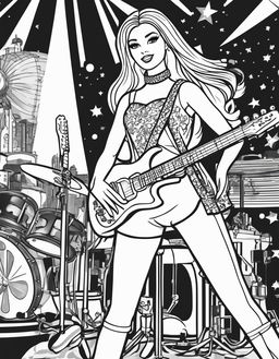 Black and white colouring book page featuring Barbie as a rock star on a stage.