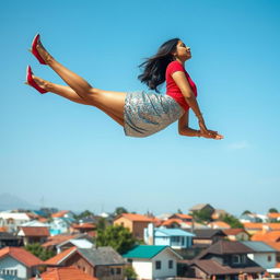 A striking side view of an Indian aunty levitating effortlessly above a charming array of houses