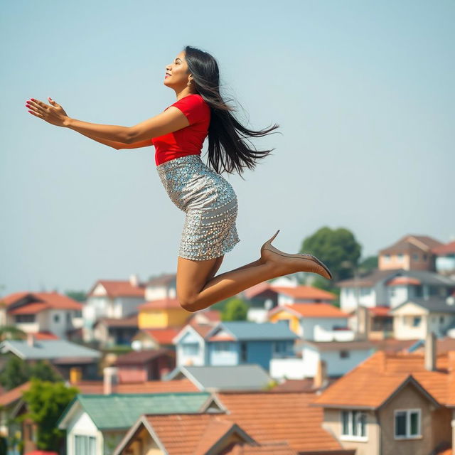 A striking side view of an Indian aunty levitating effortlessly above a charming array of houses