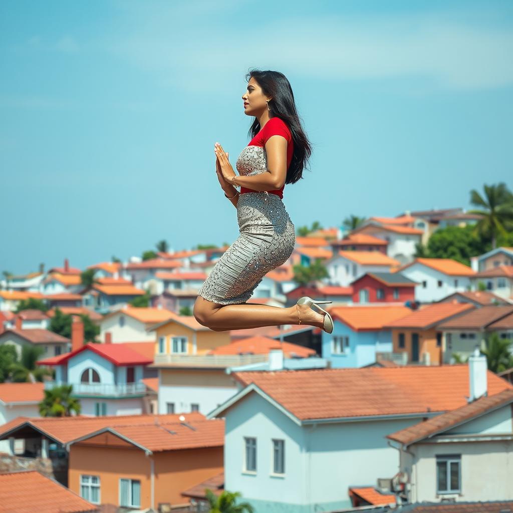 A striking side view of an Indian aunty levitating effortlessly above a charming array of houses