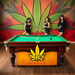 A billiard table themed around Bob Marley, prominently displaying the ABZ logo