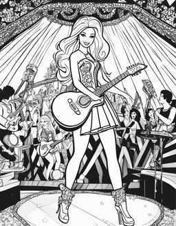 Black and white colouring book page featuring Barbie as a rock star on a stage.