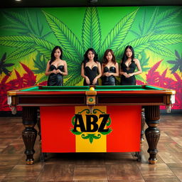 A billiard table themed around Bob Marley, prominently displaying the ABZ logo