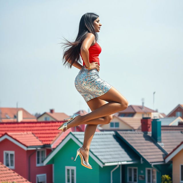 A captivating side view of an Indian aunty levitating effortlessly above a colorful array of houses