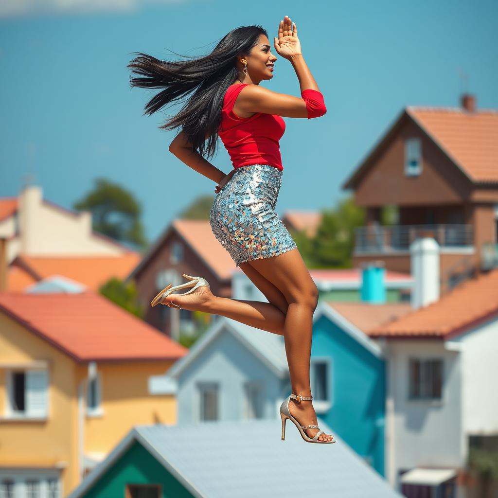 A captivating side view of an Indian aunty levitating effortlessly above a colorful array of houses