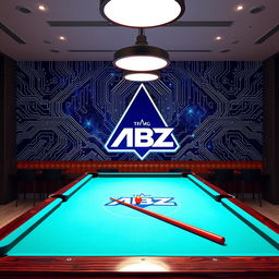 A billiard table featuring a custom logo of 'ABZ' prominently displayed