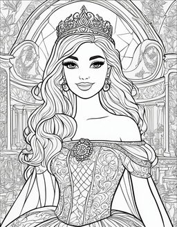 Black and white colouring book page featuring Barbie as a princess in a royal court.