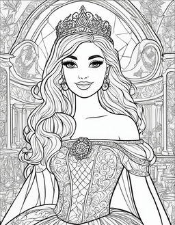 Black and white colouring book page featuring Barbie as a princess in a royal court.