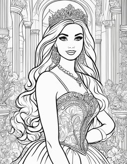 Black and white colouring book page featuring Barbie as a princess in a royal court.