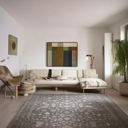 Visualize a cozy yet modern living room, furnished with minimalist furniture, a plush area rug, soft ambient lighting, plants for a touch of greenery, and accented with tasteful artwork.