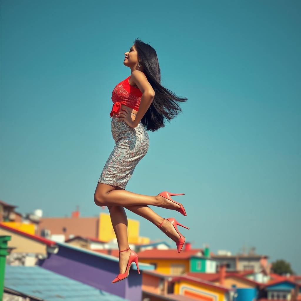 A striking side view of an Indian aunty levitating effortlessly above a vibrant array of houses