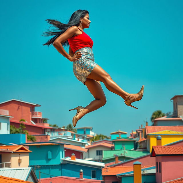 A striking side view of an Indian aunty levitating effortlessly above a vibrant array of houses