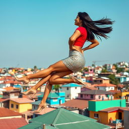 A striking side view of an Indian aunty levitating effortlessly above a vibrant array of houses