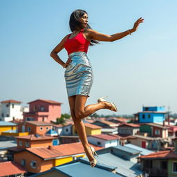 A striking side view of an Indian aunty levitating effortlessly above a vibrant array of houses
