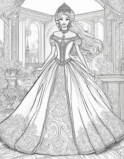 Black and white colouring book page featuring Barbie as a princess in a royal court.