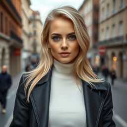 A 35-year-old woman with light blonde hair and striking blue eyes, wearing stylish European clothing