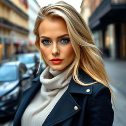 A 35-year-old woman with light blonde hair and striking blue eyes, wearing stylish European clothing