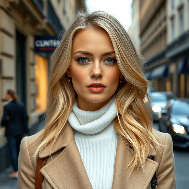 A 35-year-old woman with light blonde hair and striking blue eyes, wearing stylish European clothing