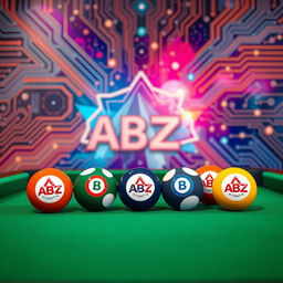 A collection of eight billiard balls, each adorned with a custom logo of 'ABZ'