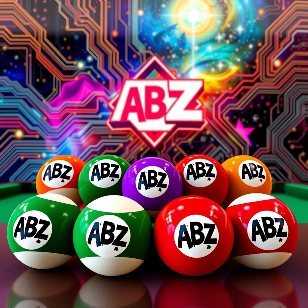 A collection of eight billiard balls, each adorned with a custom logo of 'ABZ'